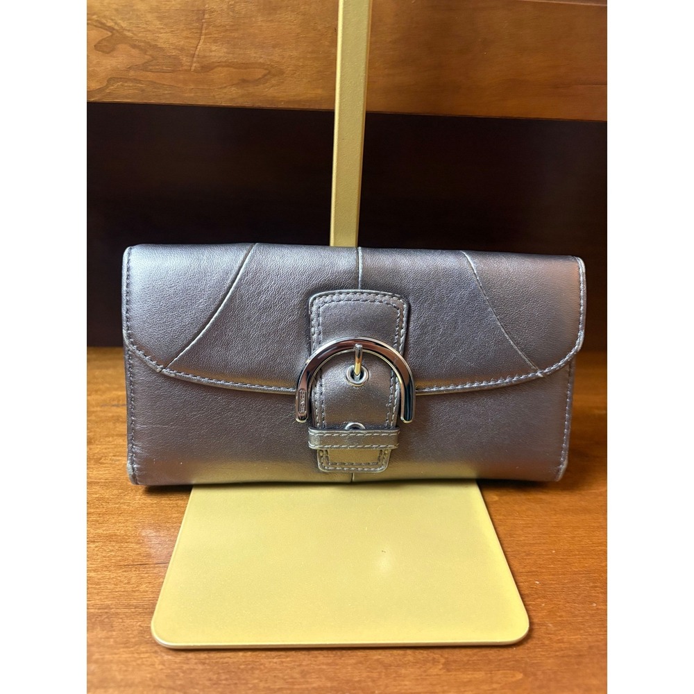 Coach Soho‎ Buckle Slim Envelope Wallet Metallic Pewter Leather Silver Hardware